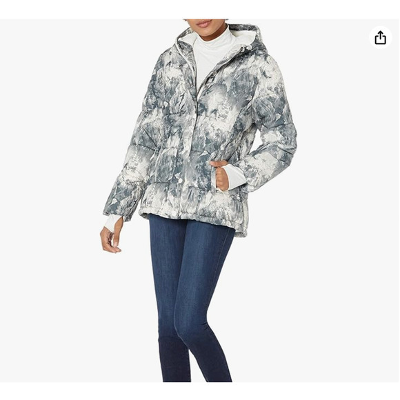 Amazon Essentials Jacket Medium Black White Marble Hooded Puffer Coat Zip NEW - Picture 10 of 11